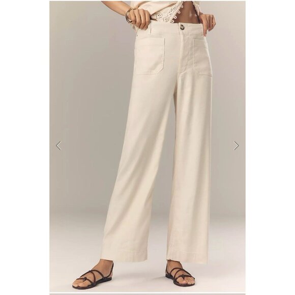 Anthropologie Colette Linen Full Length Wide Leg Pants Maeve Chalk White Size 30